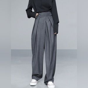 Commense Grey Hook-and-Loop Fastener Wide Leg Velcro Pants Trousers